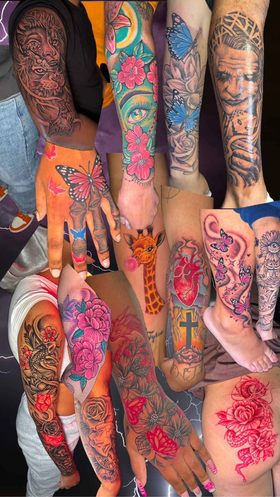 Tattoo collage: lion portrait, butterflies, giraffe, koi and joker pieces