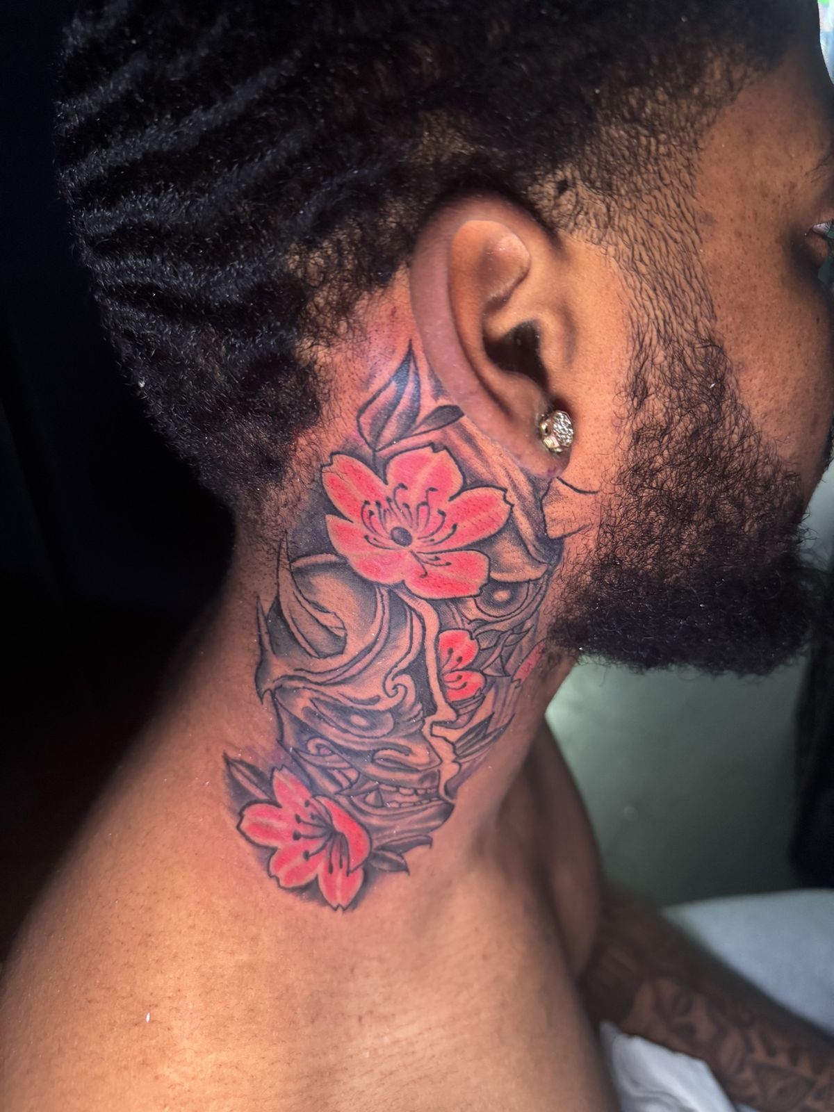 Red cherry blossom neck tattoo with oni mask